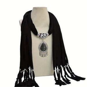 Elegant Black Scarf Necklace with Silver Pendant